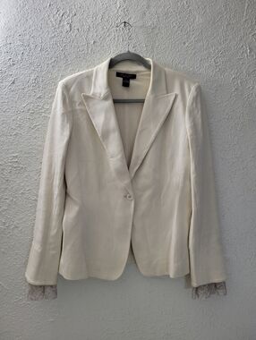 August Silk Sz 10 Womens Blazer Ivory Off White Stretch Silk Patterned Cuffs